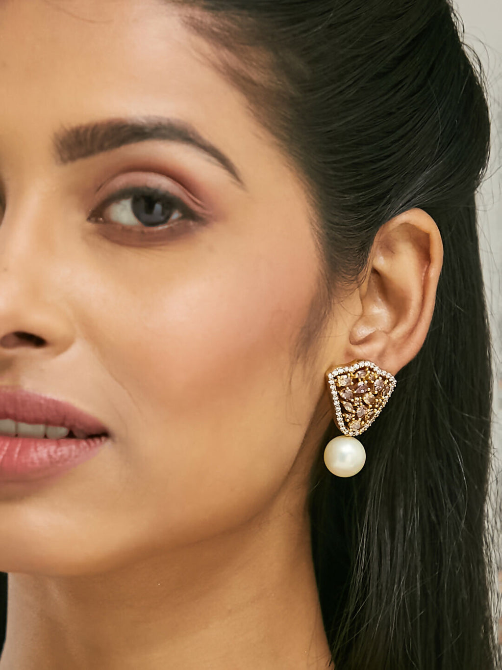 Nuyug 22K Gold-Plated Elegant Zircon Stone Studded & Pearls Drop Stud Earrings | Grocsy