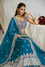 Teal Blue Georgette Thread Sequence Embroidery Work Lehnga Choli - Jihu Culture | Grocsy