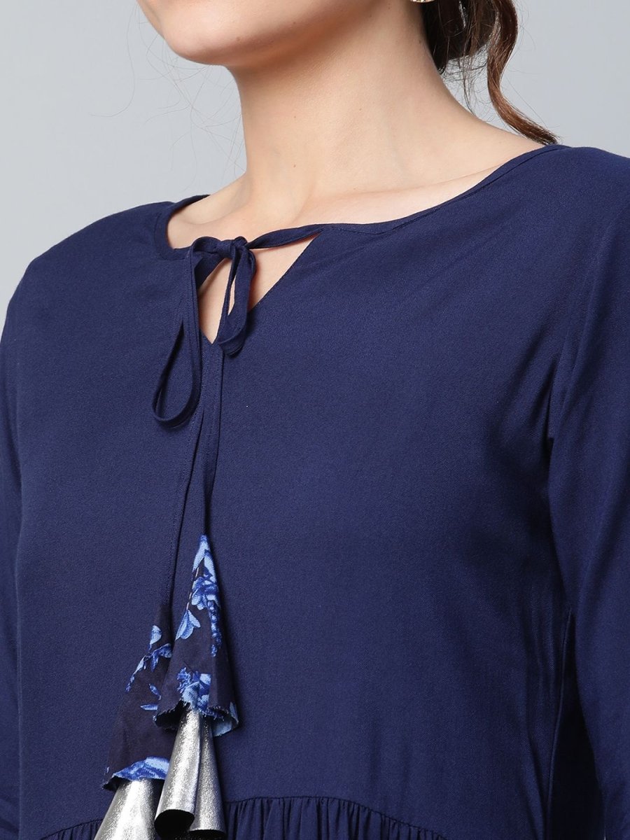 Ahalyaa Women Navy Blue Rayon Floral Empire Kurti with Dhoti Pants | Grocsy