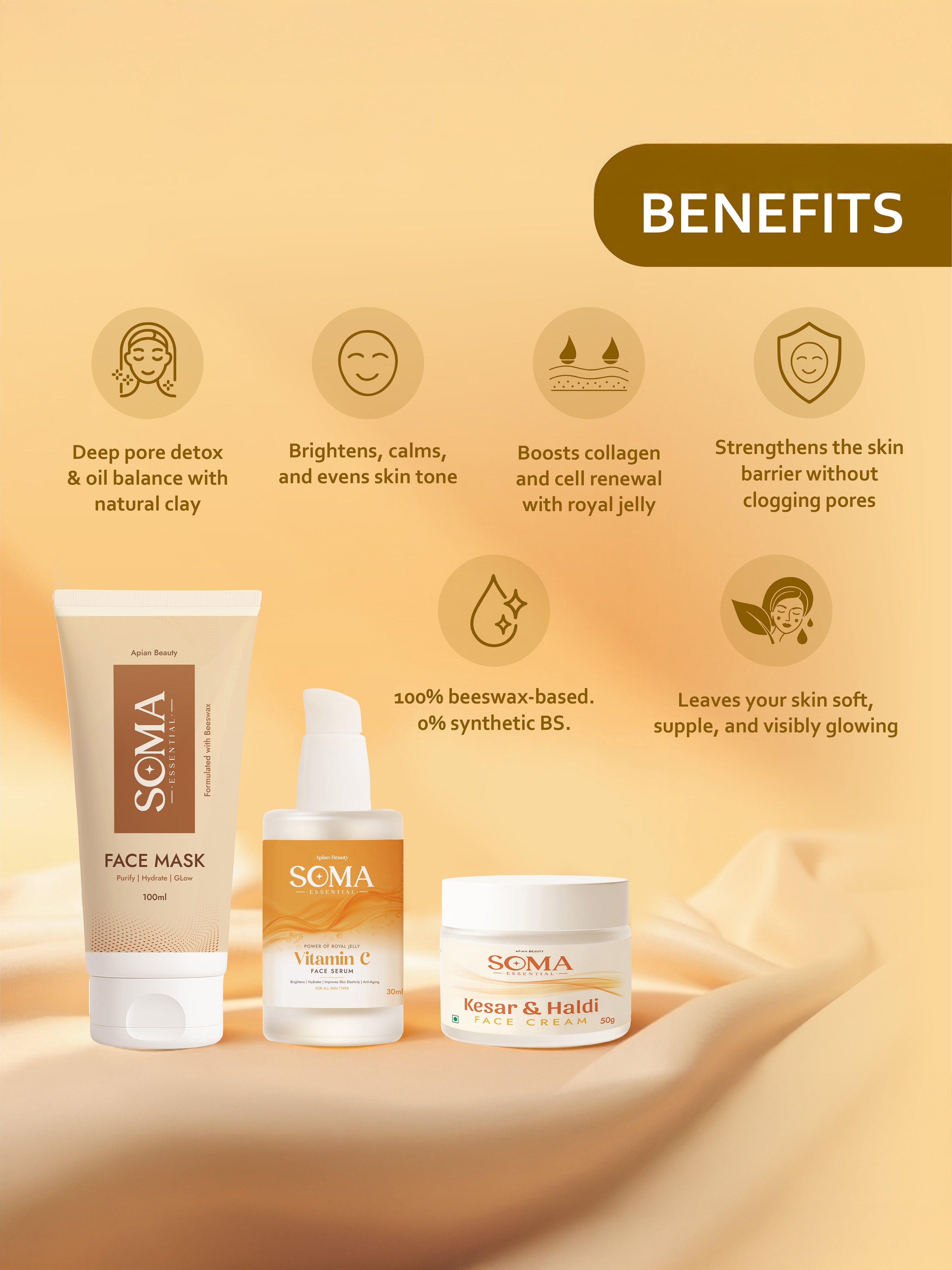 Soma Essential D-Tan Mask +  Royal Jelly Vitamin C Serum + Day cream For Weekly Glow | Grocsy
