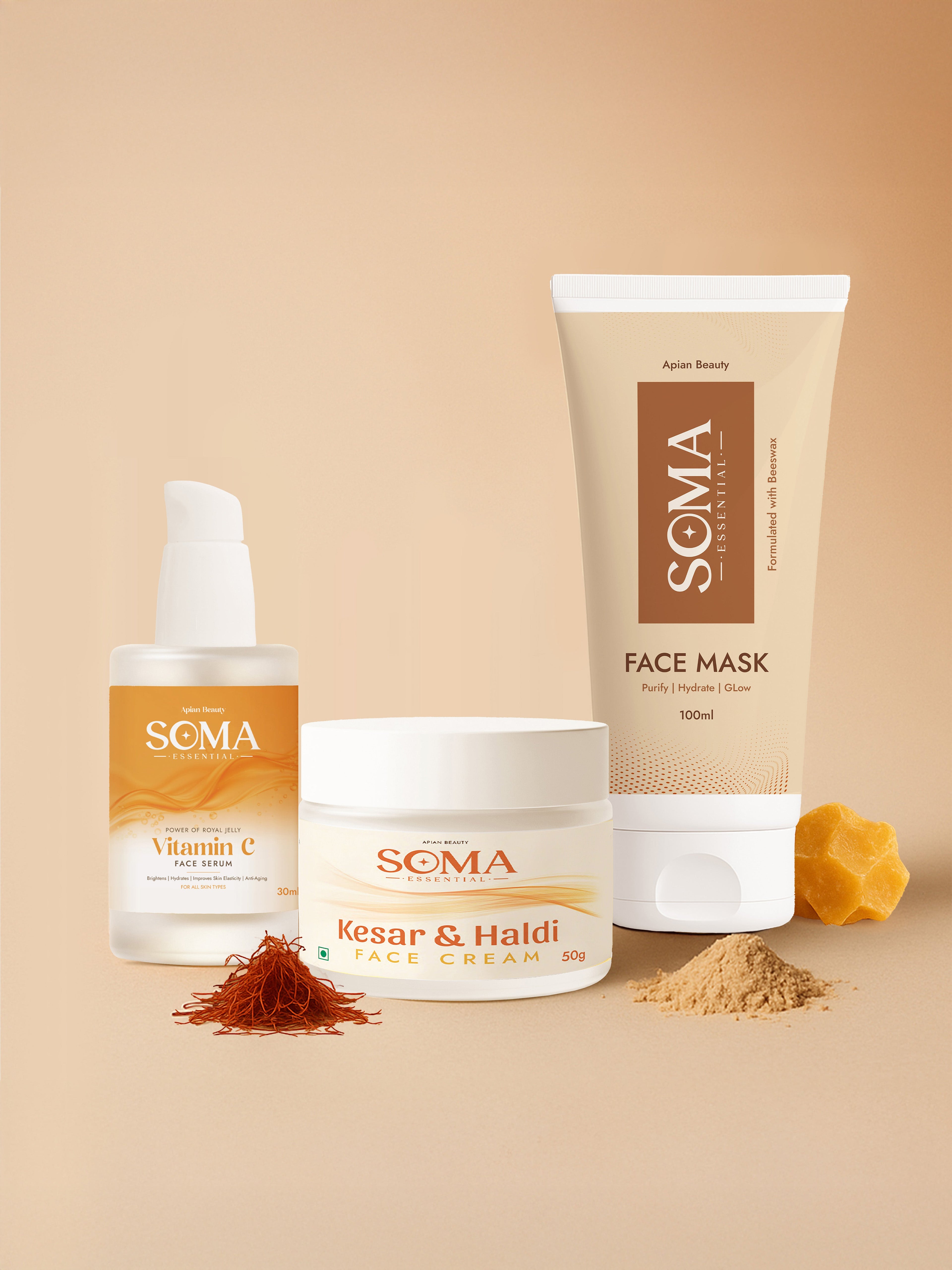 Soma Essential D-Tan Mask +  Royal Jelly Vitamin C Serum + Day cream For Weekly Glow | Grocsy