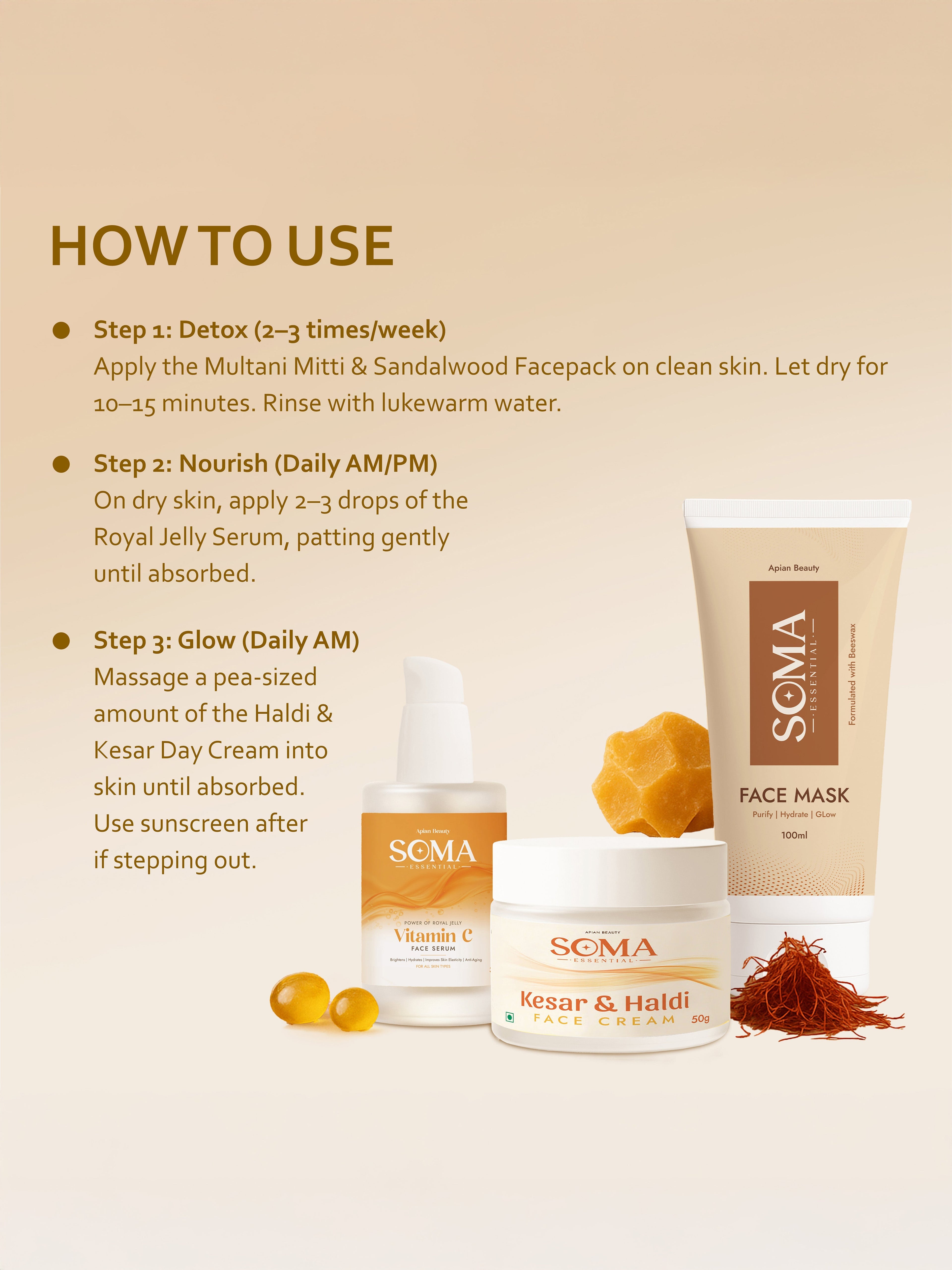 Soma Essential D-Tan Mask +  Royal Jelly Vitamin C Serum + Day cream For Weekly Glow | Grocsy