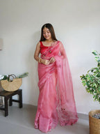 Vamsee Mudra Pink Organza Saree | Grocsy