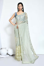 Green Organza Jari Silk Floral Embroidered Festive Saree - Nimaya Denzy | Grocsy