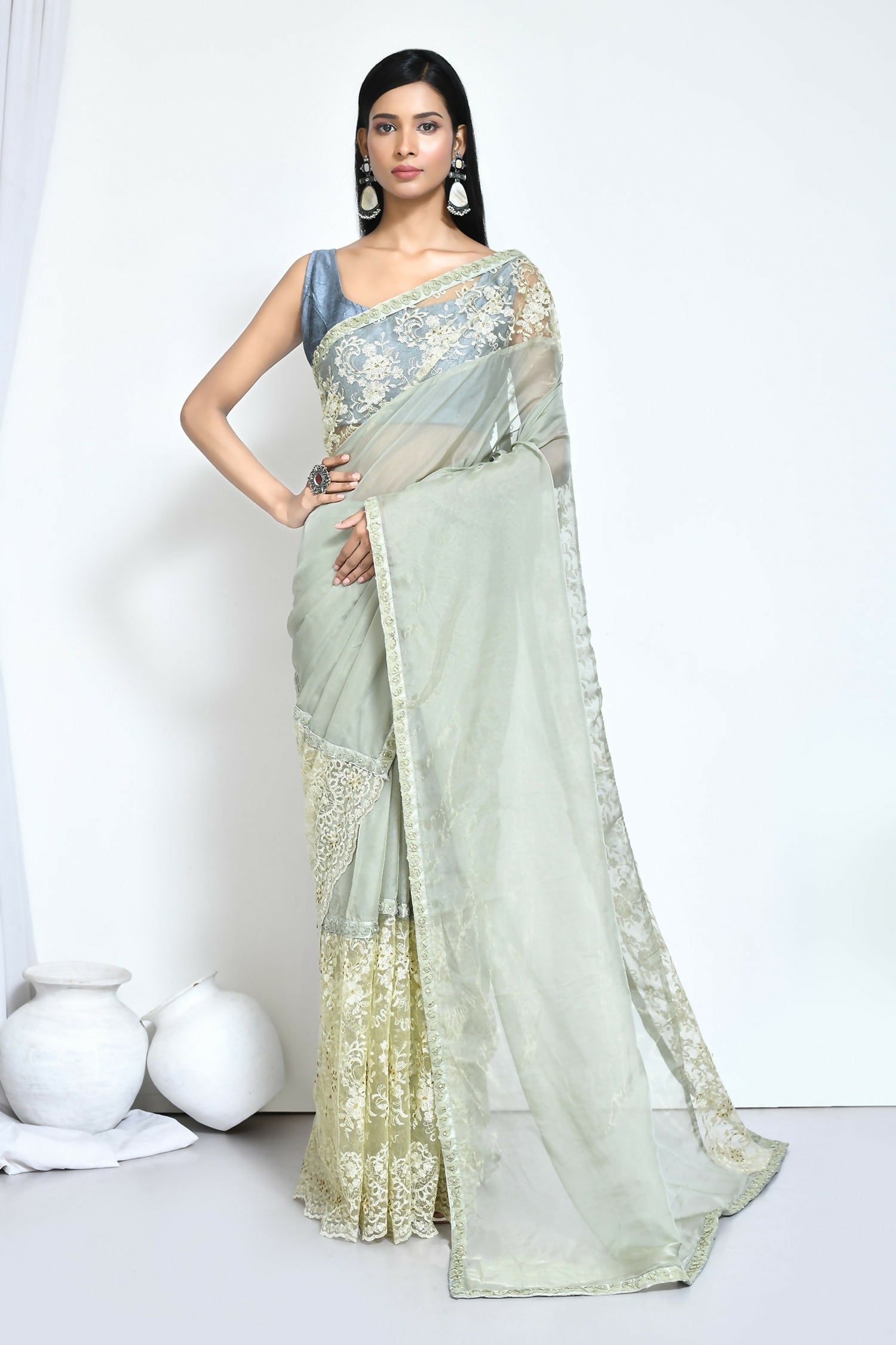 Green Organza Jari Silk Floral Embroidered Festive Saree - Nimaya Denzy | Grocsy