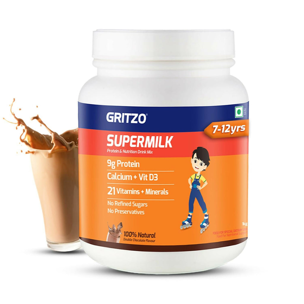 Gritzo SuperMilk Overall Growth (7-12y Boys), 9g Protein (Double Chocolate, Zero Refined Sugar, 20 Vitamins & Minerals | Grocsy