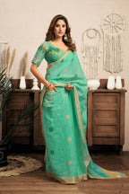 Joban Fashion Teal Green Ikkat Linen Ready To Wear Saree With Unstitched Blouse | Grocsy