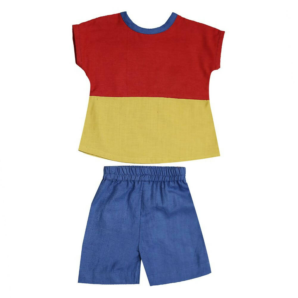Mhyssa Morty Sleeve Red yellow T-shirt With Blue Shorts Set For Kids | Grocsy