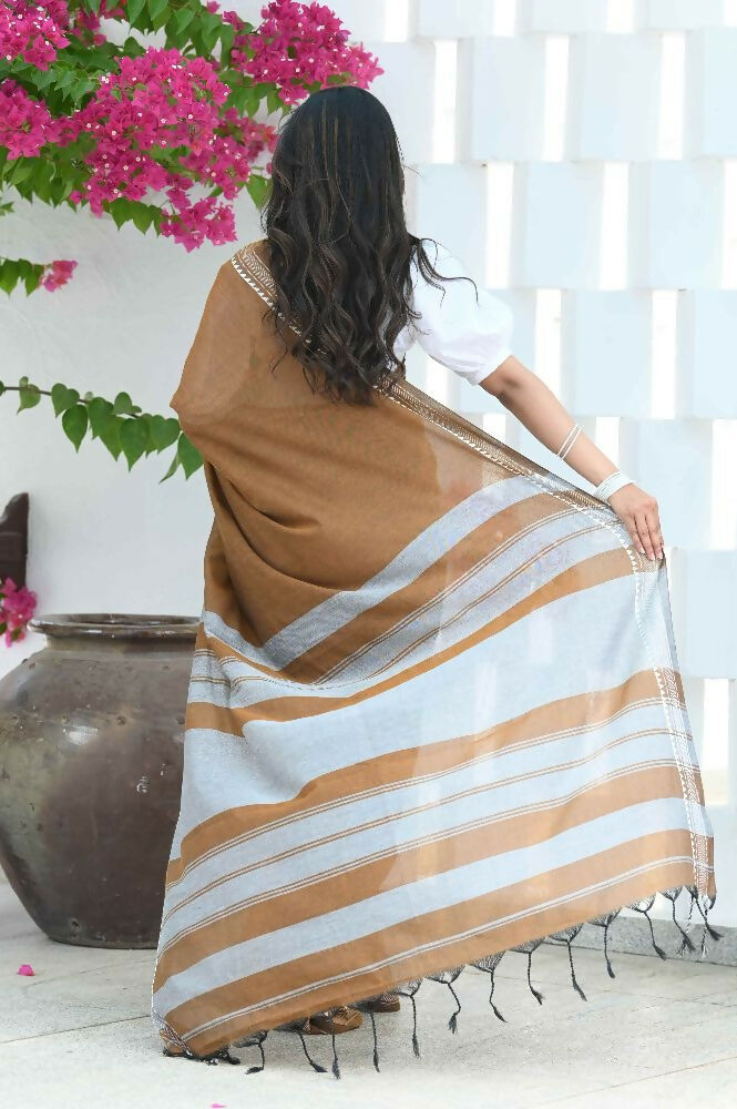 Beatitude Brown Cotton Handloom Saree | Grocsy