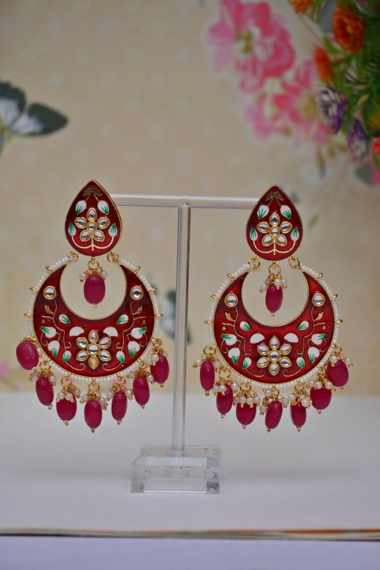 Red Gold-Polished Brass & Pearl Dangle Women Earrings| Hand Painted Meenakari Chandbali Traditional Ethnic Wear Earrings By House of Ree - Swadesiicart
