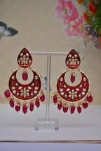 Red Gold-Polished Brass & Pearl Dangle Women Earrings| Hand Painted Meenakari Chandbali Traditional Ethnic Wear Earrings By House of Ree - Swadesiicart