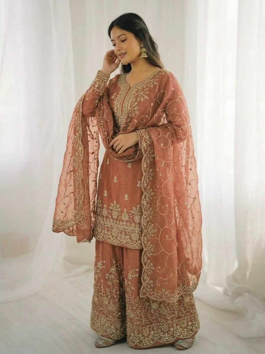 Teeya Creation Peach Color Gymmi Silk Embroidery Work Wedding Wear Sharara Set | Grocsy