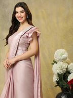 Light Pink Silk Satin Sequence Work Ready to Wear Saree with stitched Blouse - Nirvana | Grocsy
