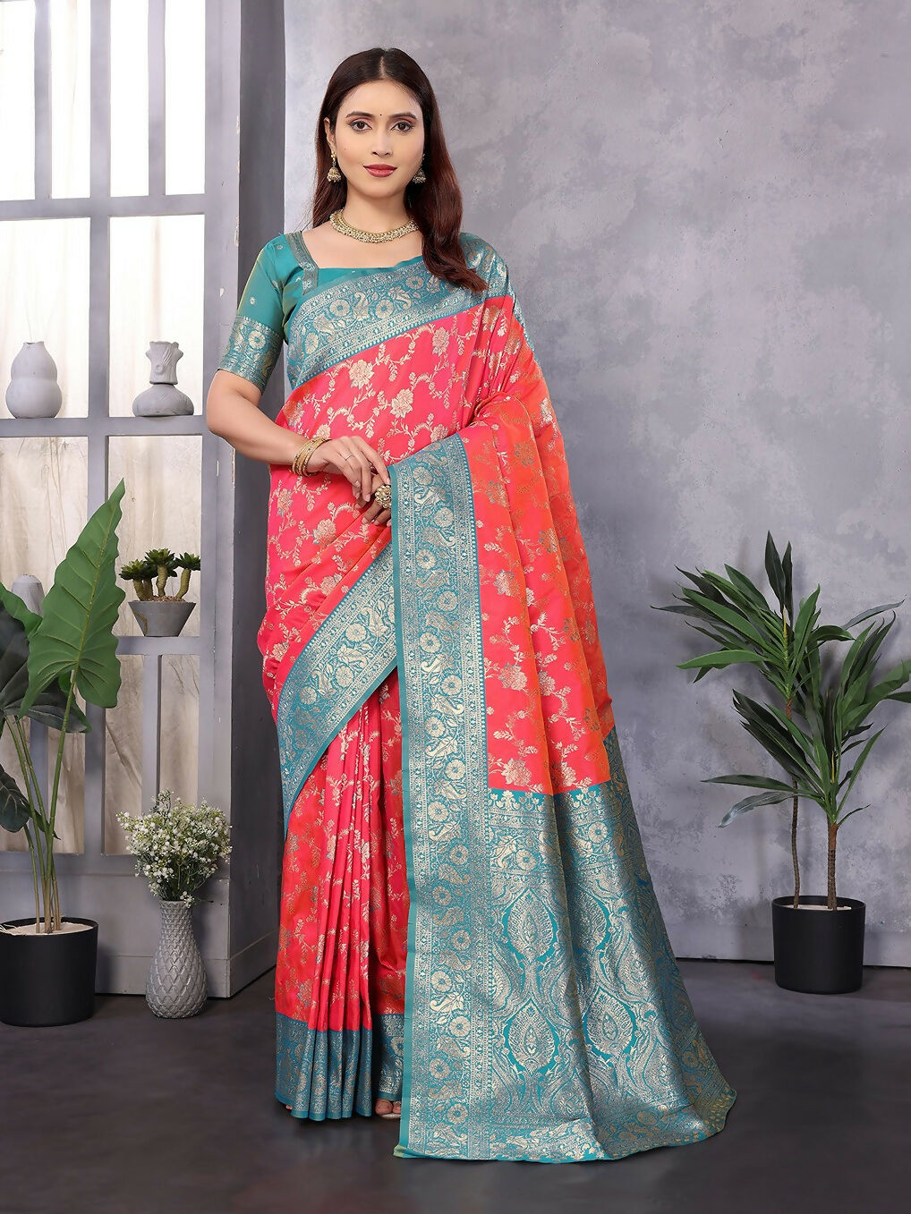 Joban Fashion Banarasi Peach Woven Soft Silk Saree | Grocsy