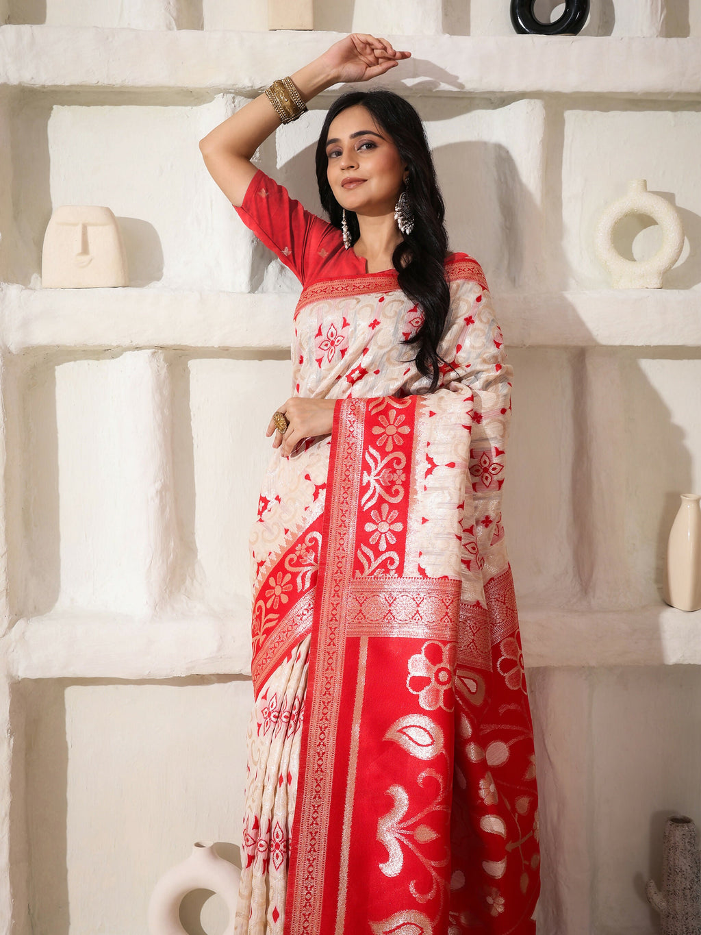 Shree Shyam Fashion Linen Cotton Red & White Saree | Grocsy