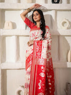 Shree Shyam Fashion Linen Cotton Red & White Saree | Grocsy