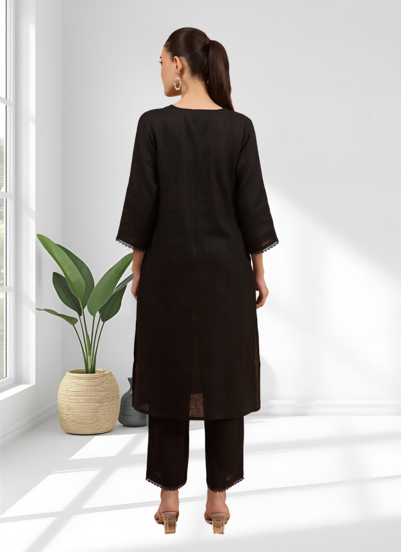 Joban Fashion Black Linen Embroidered Readymade Long Kurta With Pant | Grocsy