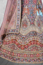 Aqua Blue Velvet Thread with Hand Work Semi Stitched Lehenga Choli with Dupatta - Nimaya Lagnotsav | Grocsy