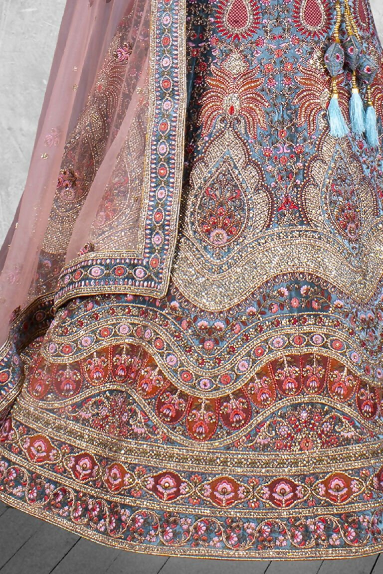 Aqua Blue Velvet Thread with Hand Work Semi Stitched Lehenga Choli with Dupatta - Nimaya Lagnotsav | Grocsy