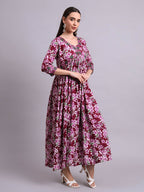 Joban Fashion Purple Cotton Floral Printed & Embroidery Work Anarkali Dress With Dupatta Set | Grocsy