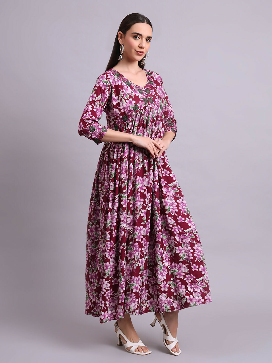 Joban Fashion Purple Cotton Floral Printed & Embroidery Work Anarkali Dress With Dupatta Set | Grocsy