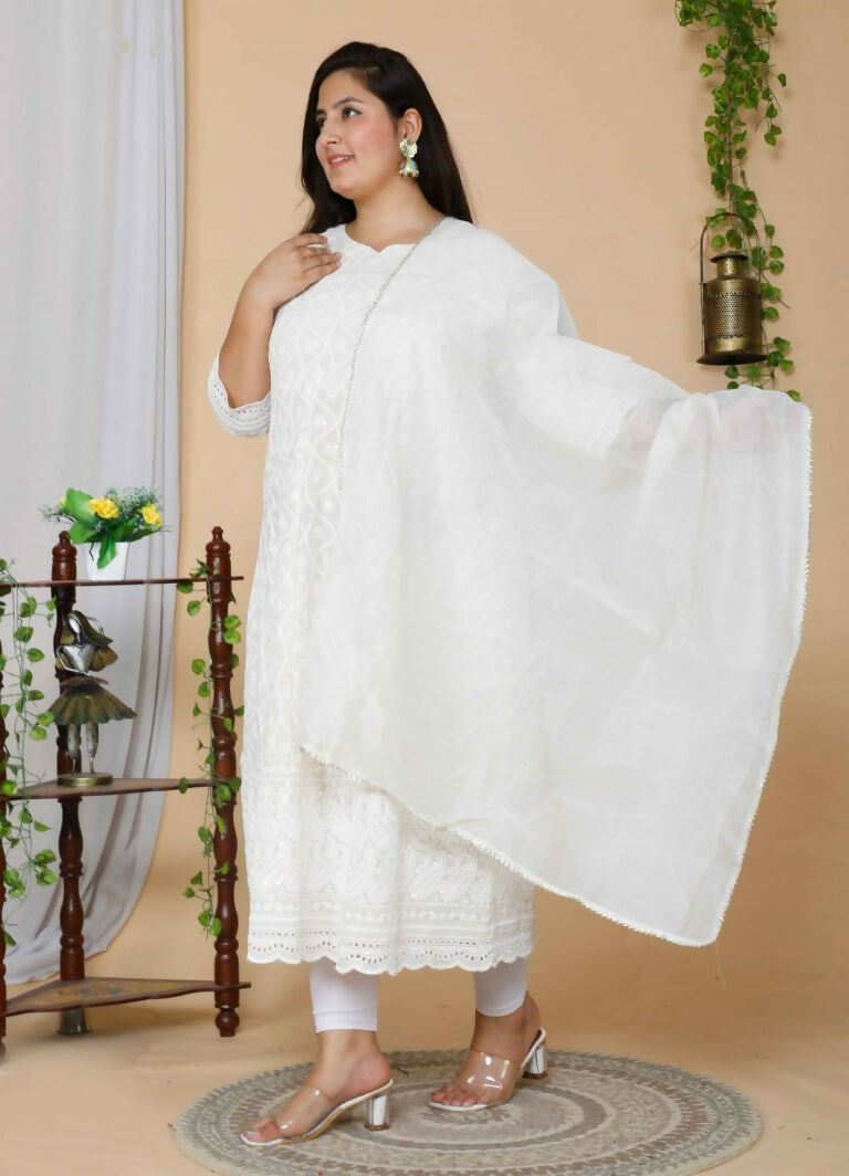 Miravan Women's Plus Size Beige Chikankari Thread Work Anarkali Kurta With Dupatta | Grocsy