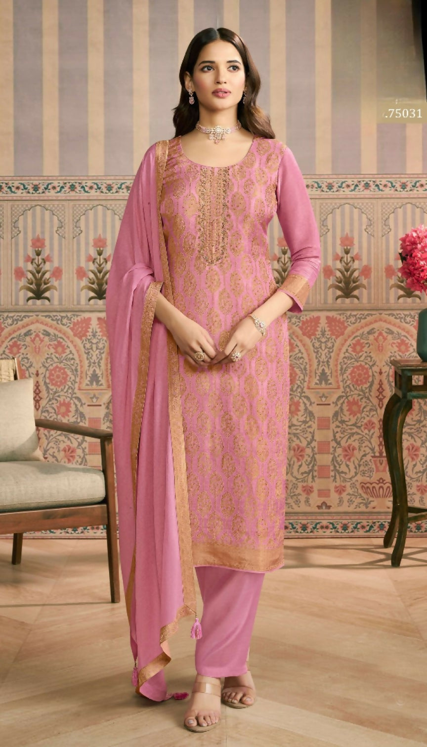 Anaita Pink Viscose Lotus Shimmer Stitched Suit with Jacquard Work | Grocsy