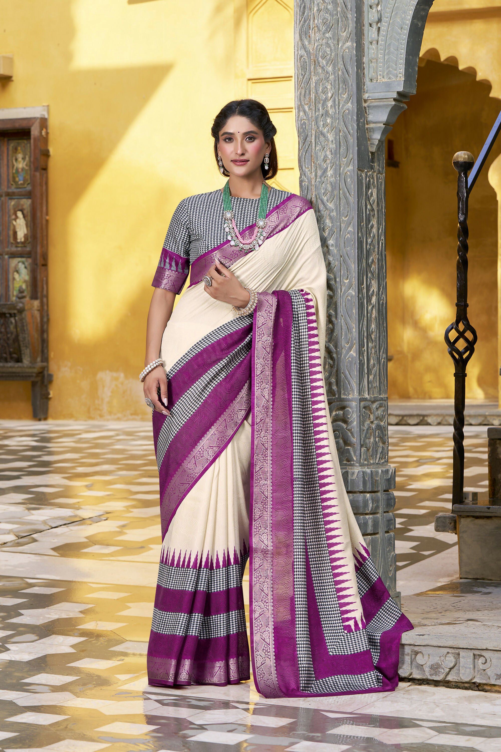 Vastranavya Off White Printed with Zari Weaving Work Poly Cotton Saree & Unstitched Blouse | Grocsy