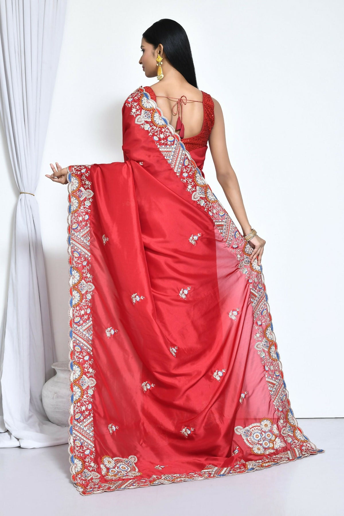 Red Crepe Silk Sequence Embroidered Saree - Nimaya Benzy | Grocsy