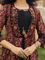 Juniper Women's The Mahautsavam Black Ethnic Motif Printed Muslin Shrug Inner & Pant Set With Thread & Mirror Work | Grocsy