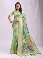 Shree Shyam Fashion Linen Cotton Light Green Saree | Grocsy