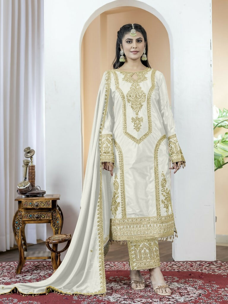 Teeya Creation White Color Chinnon Silk Embroidery Work Fully Stitched Salwar Suit | Grocsy
