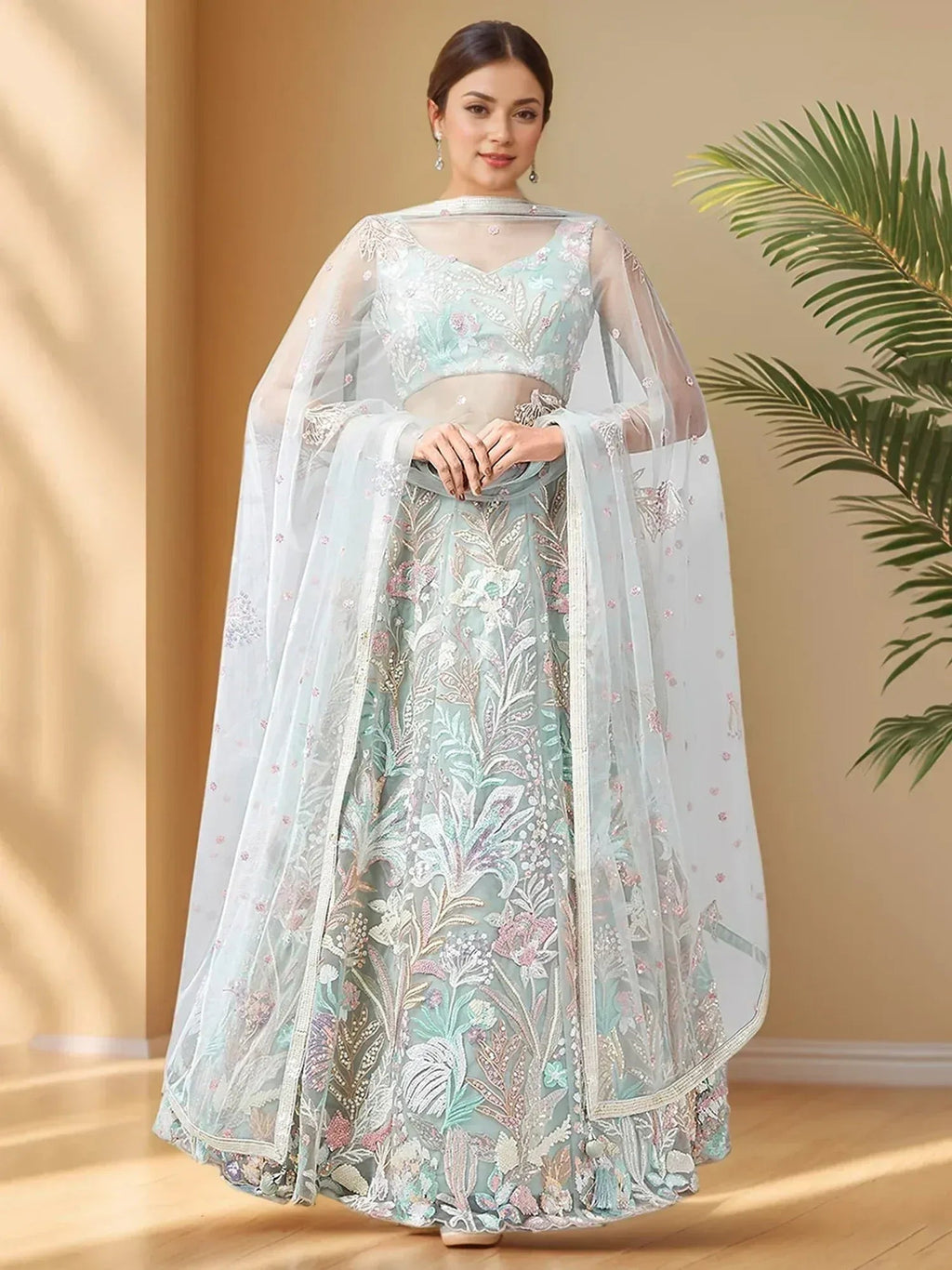 Tulsi Art Spectacular Pista Green Sequins Net Wedding Wear Lehenga Choli | Grocsy