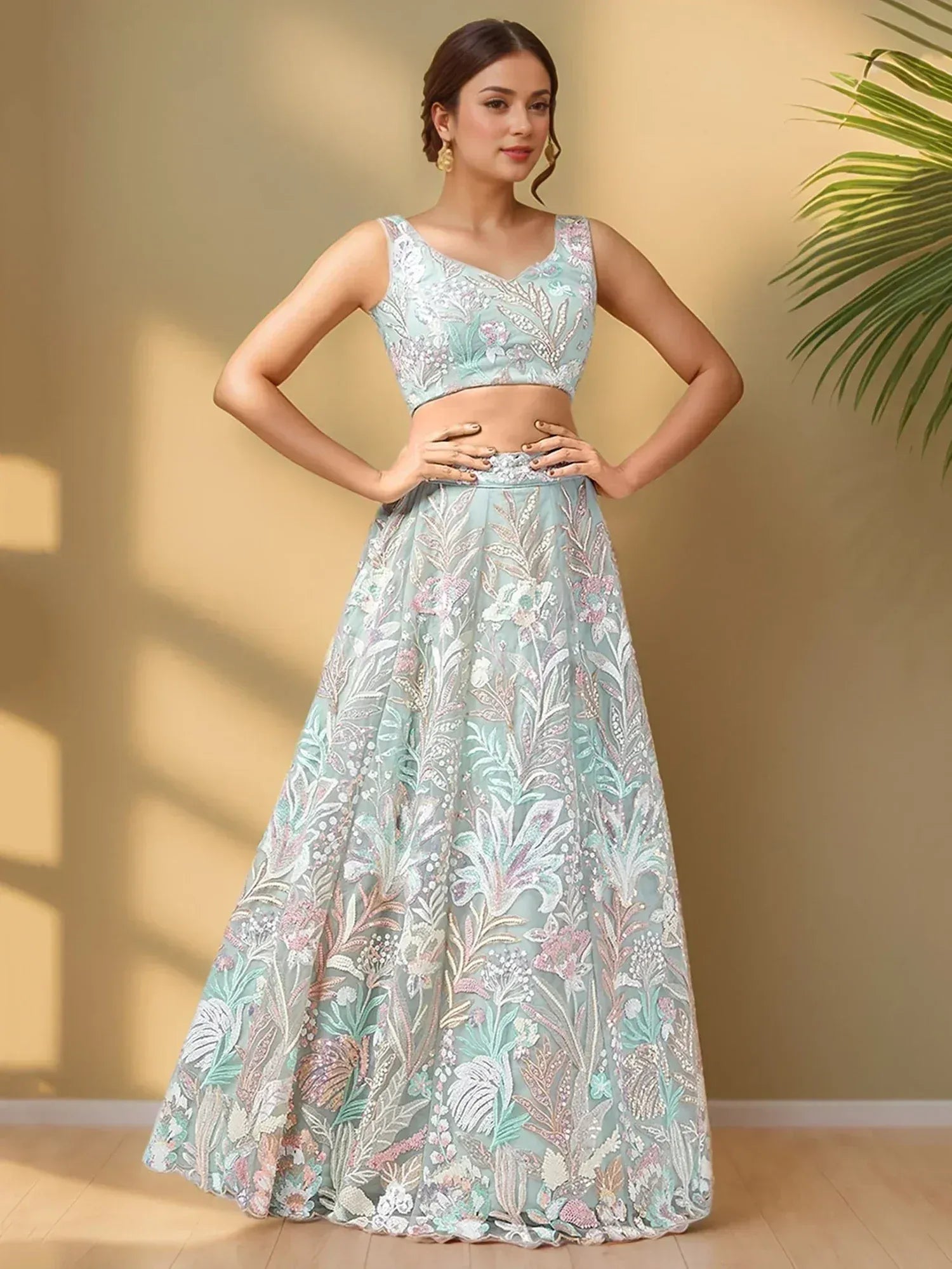 Tulsi Art Spectacular Pista Green Sequins Net Wedding Wear Lehenga Choli | Grocsy