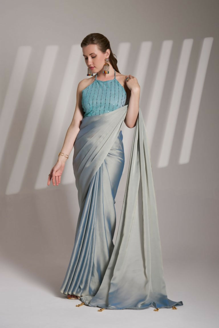 Grey Satin Rangoli Solid Fancy Designer Saree - Nafisa | Grocsy