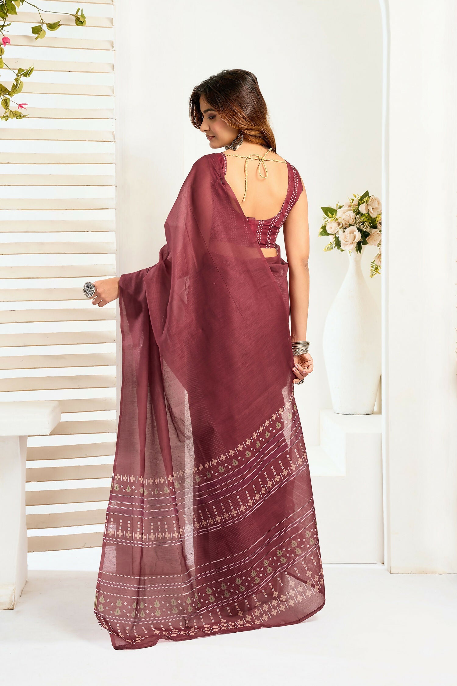 Joban Fashion Maroon Ethnic Motifs Linen Ready To Wear Saree With Unstitched Blouse | Grocsy