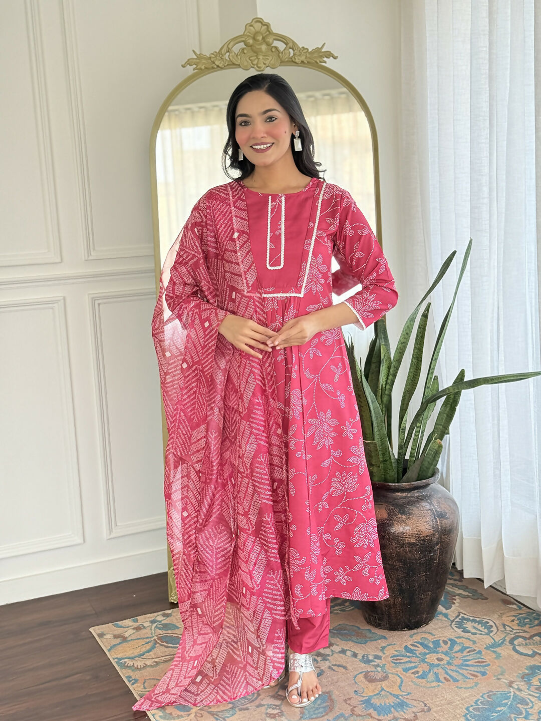 The52 Women's Beautiful Rayon Fabric Printed Work Flared Kurta Pant and Dupatta Set | Grocsy