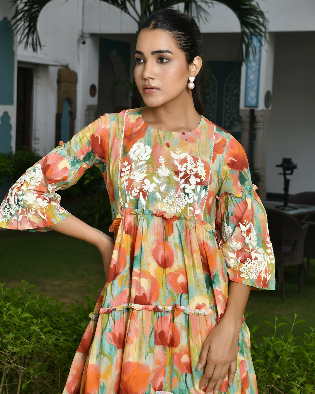 Vaasva Women's Orange Cotton Embroidered& Digital Printed Dress | Grocsy