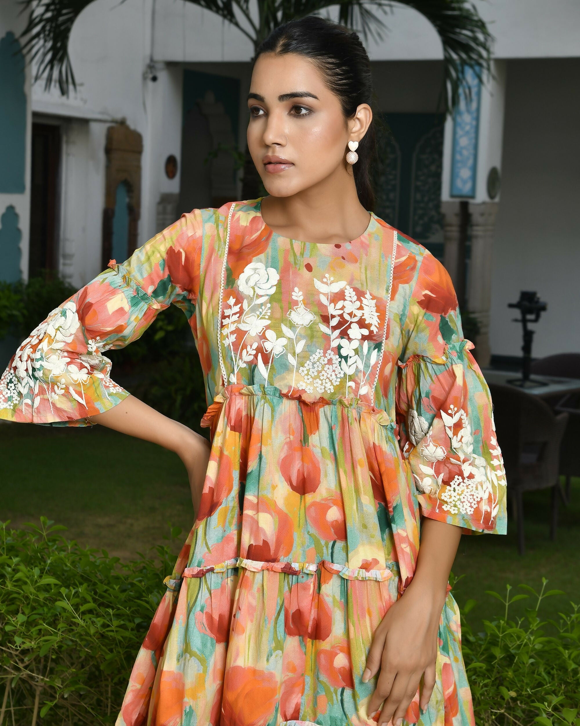 Vaasva Women's Orange Cotton Embroidered& Digital Printed Dress | Grocsy
