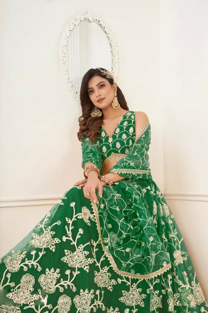 Aastha Fashion Parrot Green Butterfly Net White Cotton Thread Work And Sequence Work Embroidery Wedding Wear Lehenga Choli | Grocsy