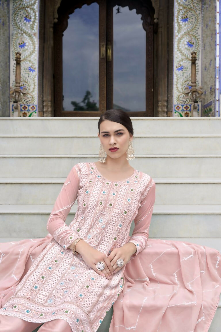 Jyoti Fashion Women's Pink Faux Georgette Heavy Embroidery and Moti Work Kurta Set | Grocsy