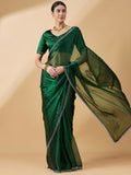 Green Organza Swaroski Diamond Work Saree with Unstitched Blouse - Radha | Grocsy