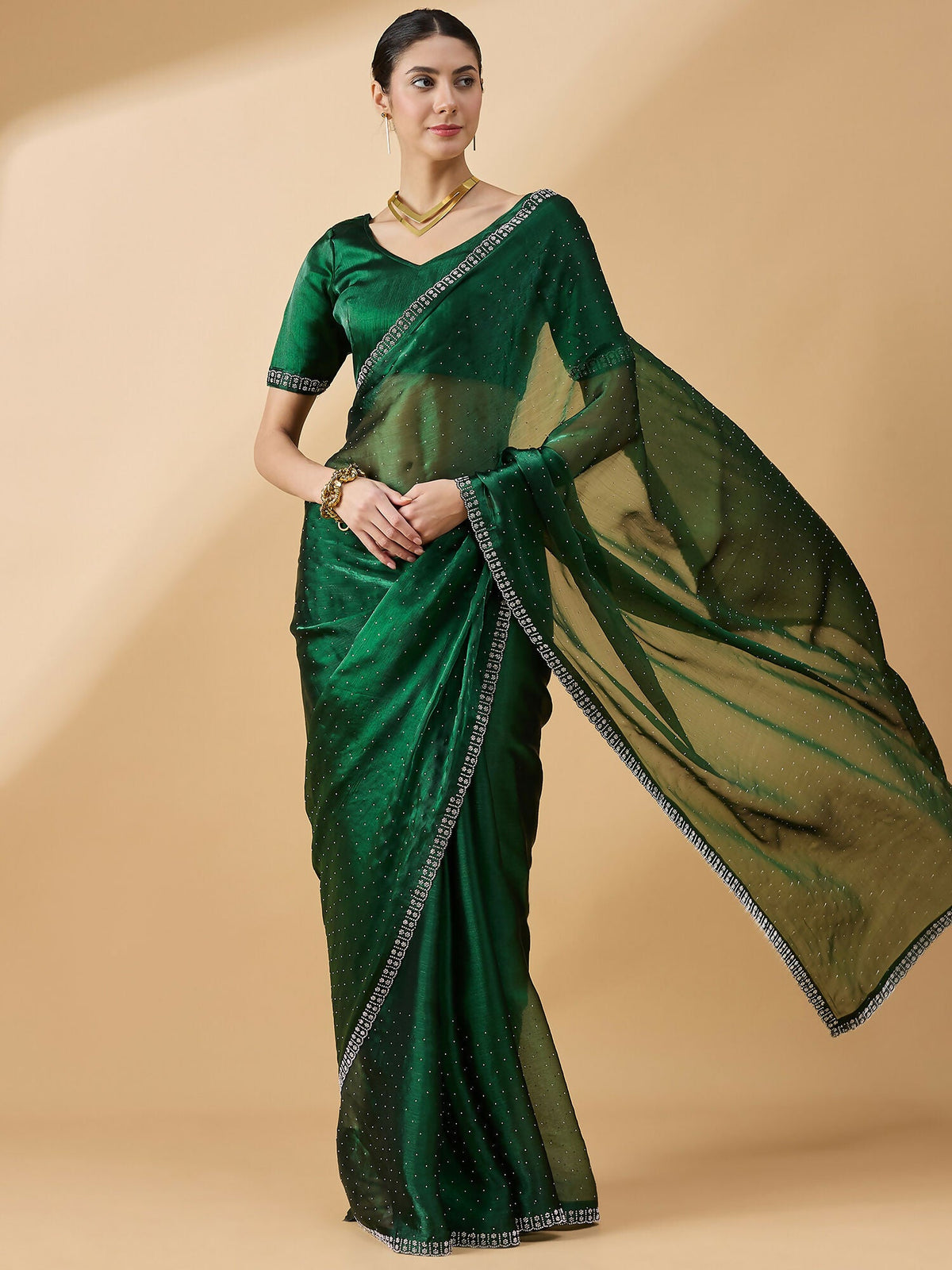 Green Organza Swaroski Diamond Work Saree with Unstitched Blouse - Radha | Grocsy