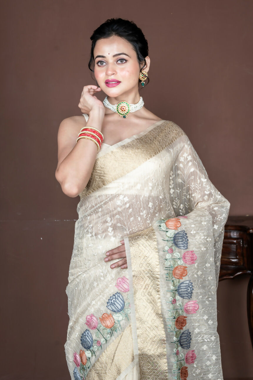 Morchari Beige Banarasi Tissue Computer Embroidery Saree Unstitched Blouse | Grocsy