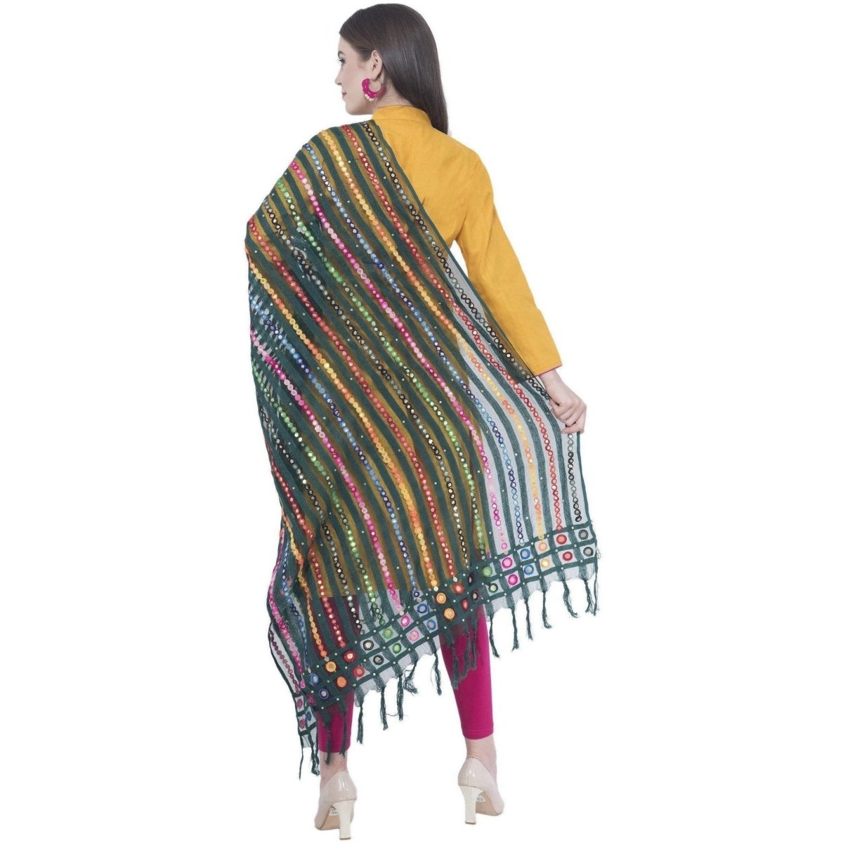 A R Silk Women's Multi Thread Work Orgenza Cotton Bottle Green Dupattas and Chunnis | Grocsy