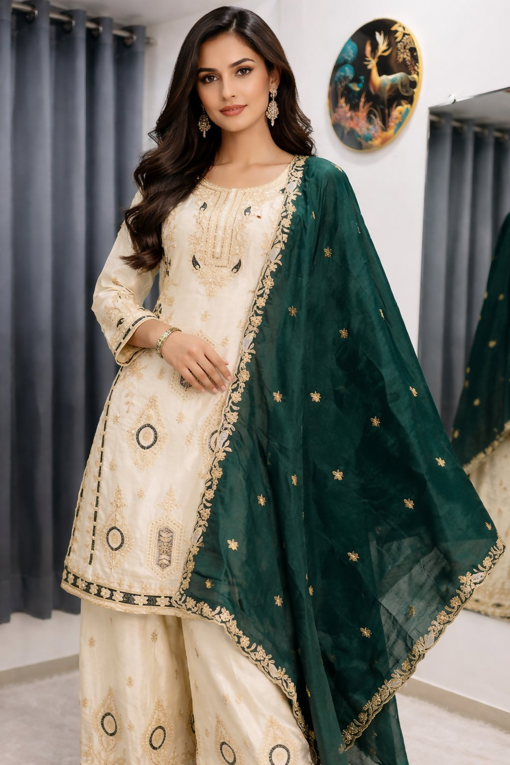 Teeya Creation Green Color Chinon Silk Party Wear Trending Palazzo Set | Grocsy