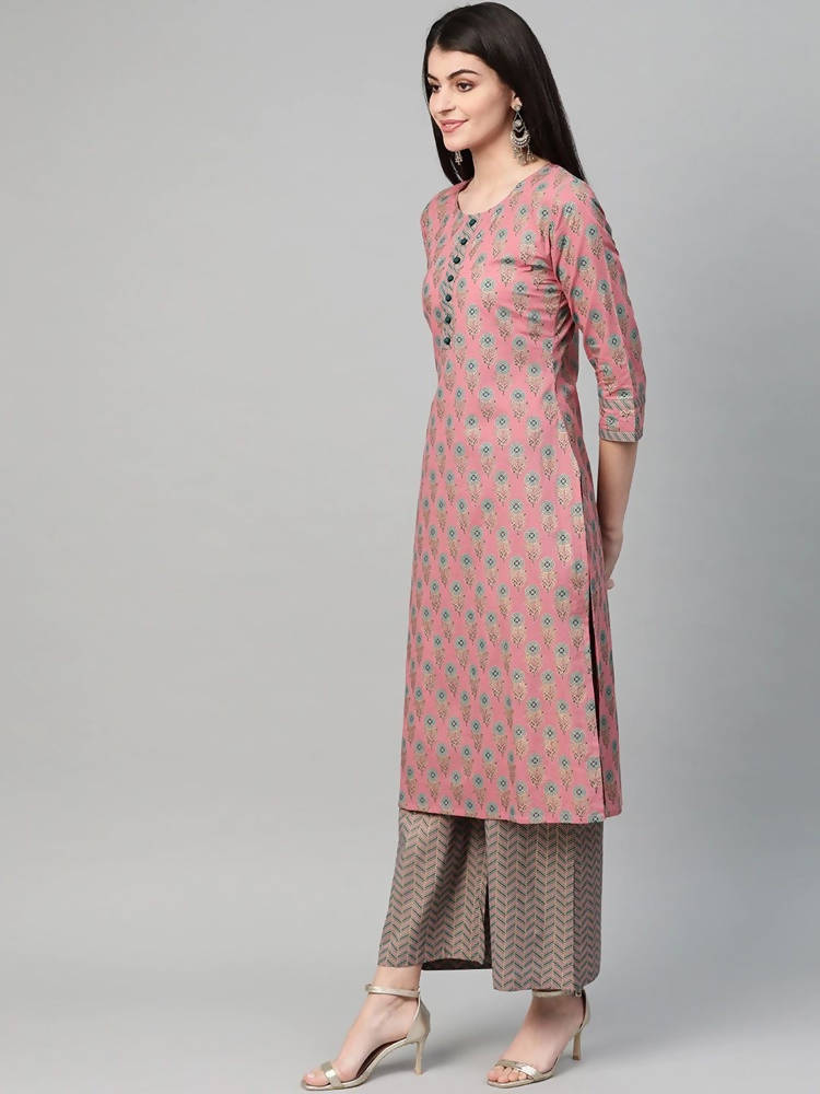 Yufta Women Pink & Blue Printed Kurta with Palazzo & Dupatta | Grocsy