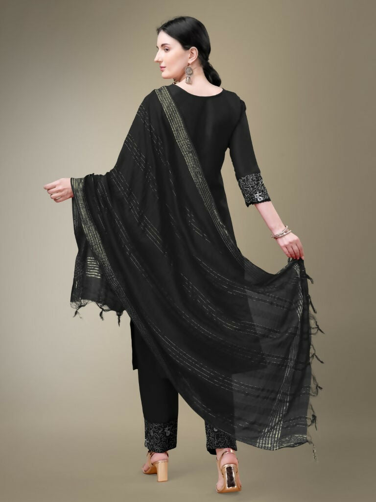 Jyoti Fashion Women's Black Cotton Blend Embroidery & Fancy Lace work Kurta with Trouser & Dupatta | Grocsy