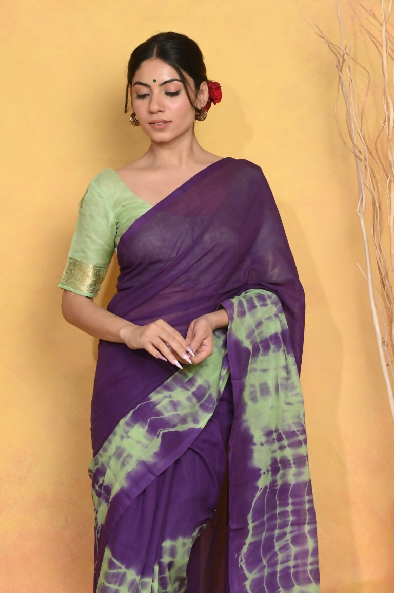 Very Much Indian Tie & Dye Handloom Mul Cotton Saree - Blue Green | Grocsy