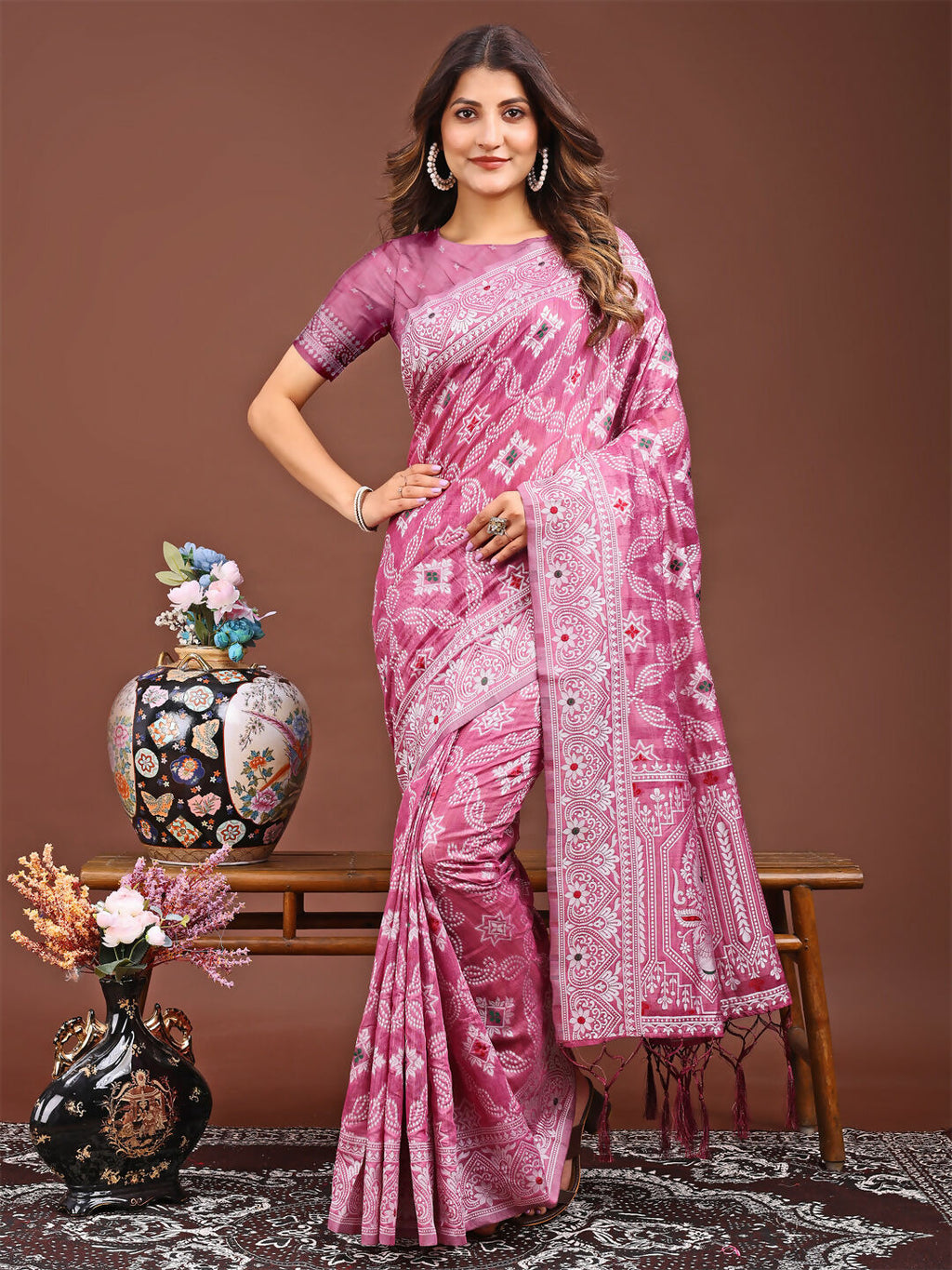 Shree Shyam Fashion Pankhuri Pink Linen Cotton Saree | Grocsy